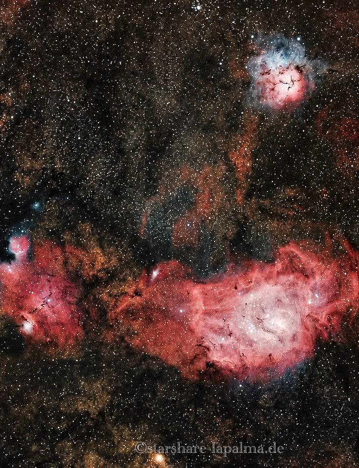 M8 Lagunennebel und M20 Trifid-Nebel, aufgenommen mit SeeStar S30 Pro auf La Palma, 9 Stunden Belichtungszeit über mehrere Nächte